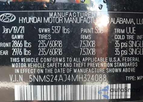 2021 Hyundai Santa Fe Sel from USA, damaged, VIN 5NMS24AJ4MH324088